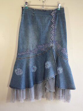 Y2K Denim Boho Midi Skirt Small Fairy Lace & Bead Embellished Asymmetric Layers